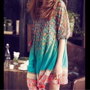 Anthropologie Tanvi kedia Peasant Boho Teal Sequin Lined tunic Mini dress XS